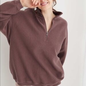 aerie Good Vibes Corded Oversized Quarter Zip Sweatshirt Brown size small